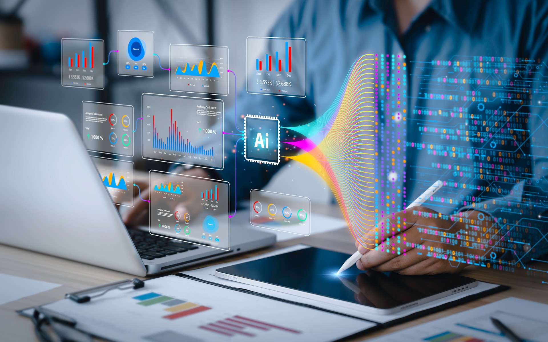 Ciencia del análisis de datos y big data con tecnología de IA. El analista o científico utiliza una computadora y un tablero para el análisis de información en conjuntos de datos complejos en la computadora. Ingeniero de desarrollo de Insights